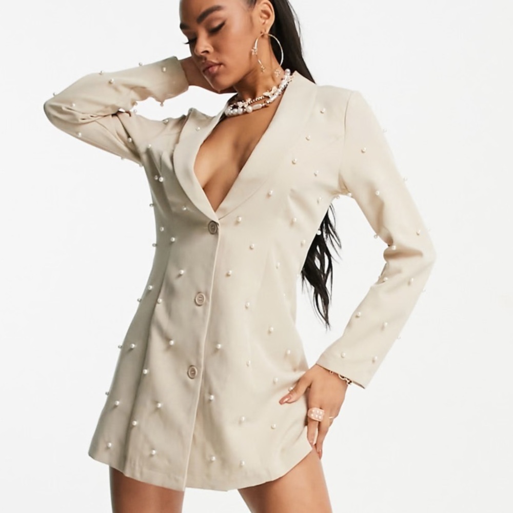 Saint Genies exclusive pearl embellished deep v blazer dress in stone size us 10